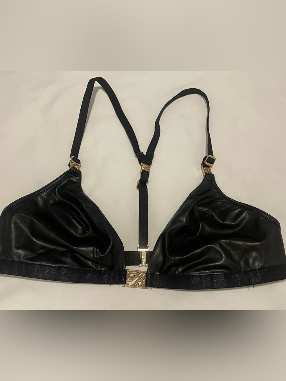 NWOT Honey Birdette Black Faux Leather Triangle Bralette with Gold Accents